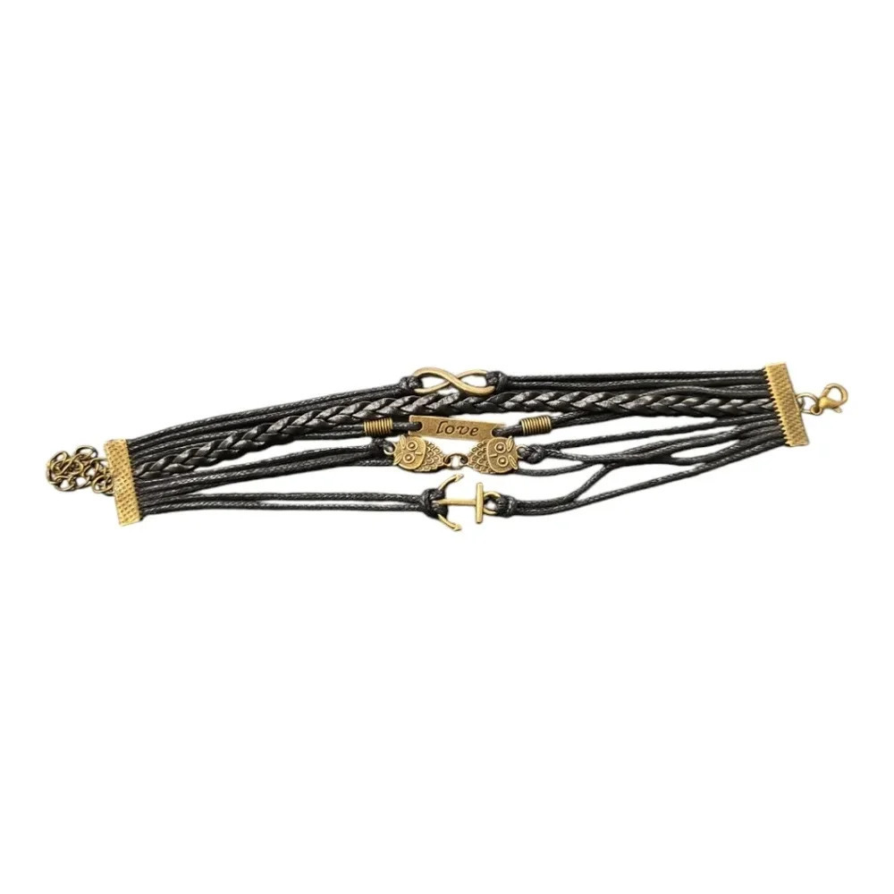 Infinity Love Owl Anchor Faux Leather Multi-layered Bracelet - Picture 2 of 3